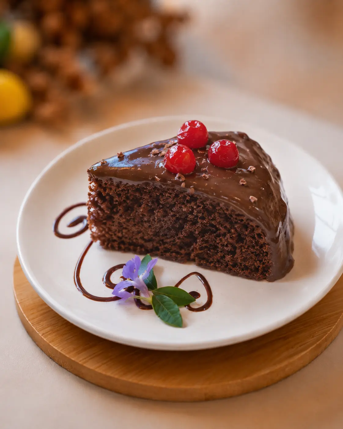 Porción de torta mojada de chocolate con cerezas en La Carolina, Quito