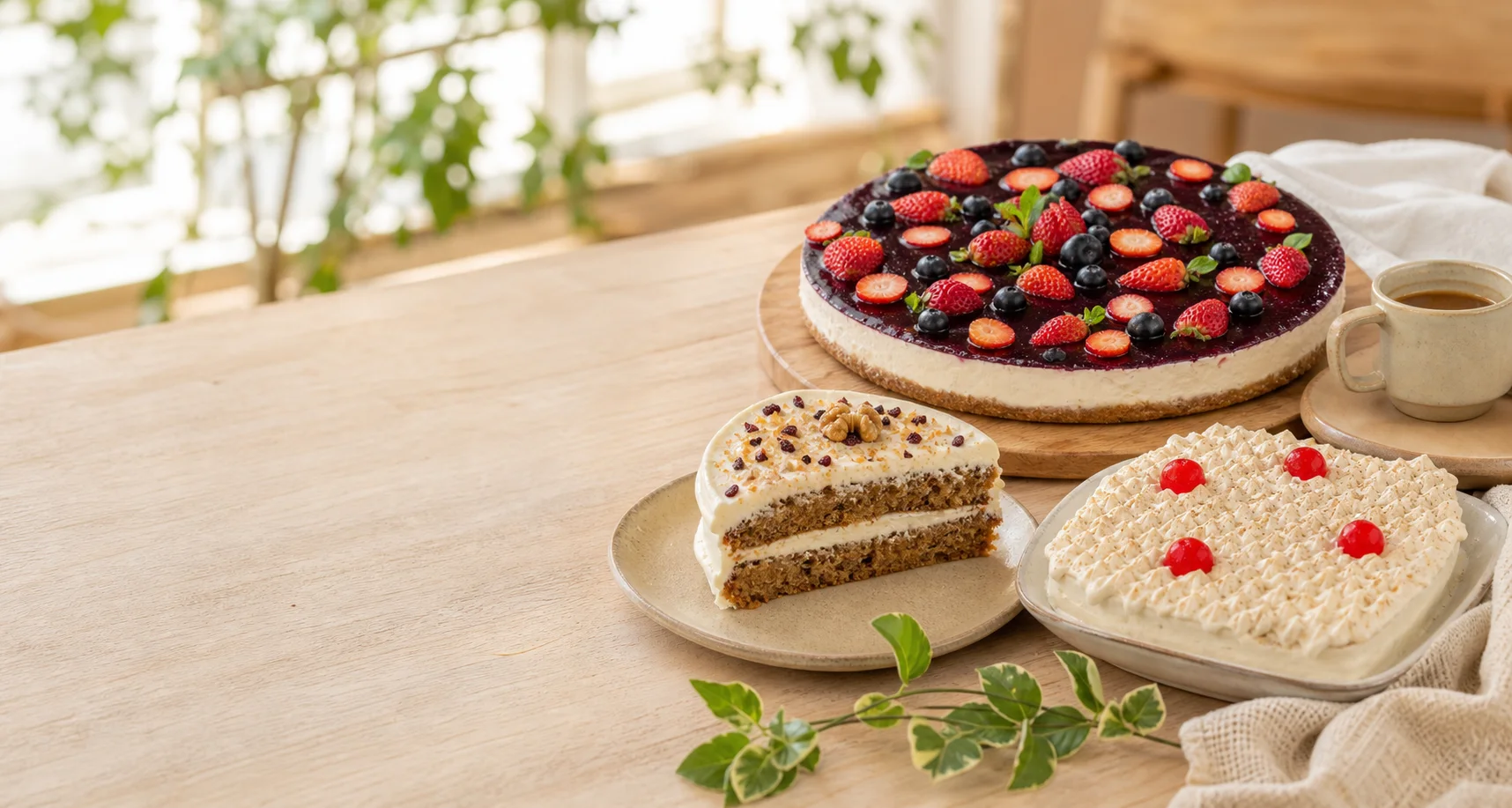 Selección de postres de Tamarinda con cheesecake, tiramisú y pastel de zanahoria en Quito