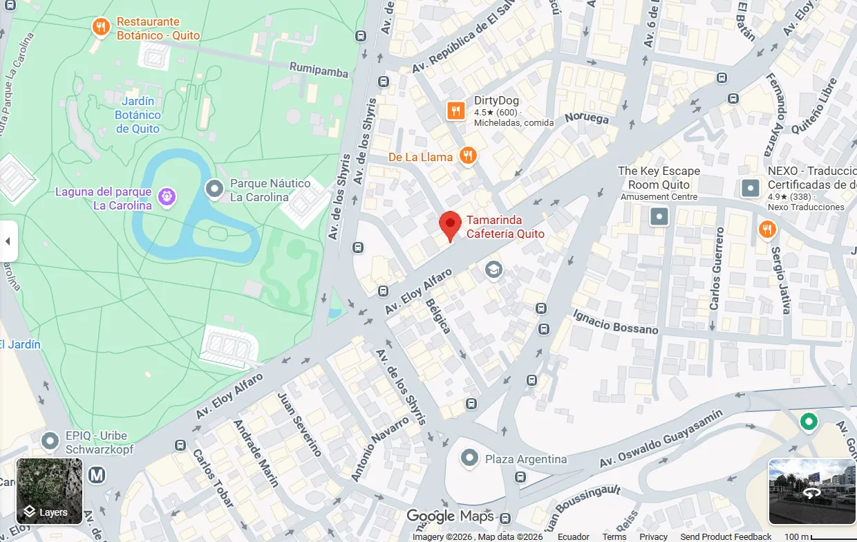 Mapa de ubicación de Tamarinda frente a la Alianza Francesa en La Carolina, Quito
