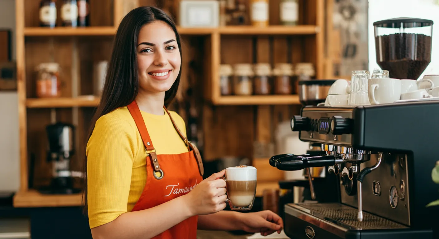 Barista de Tamarinda preparando un cappuccino para acompañar desayunos en Quito